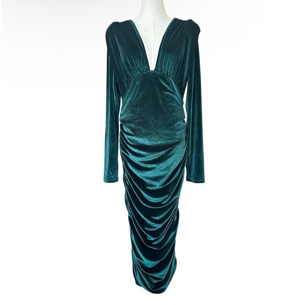 Dark Green Velvet Party Dress Women XL Deep V Neck Long Sleeve Christmas Cocktai - Picture 3 of 9